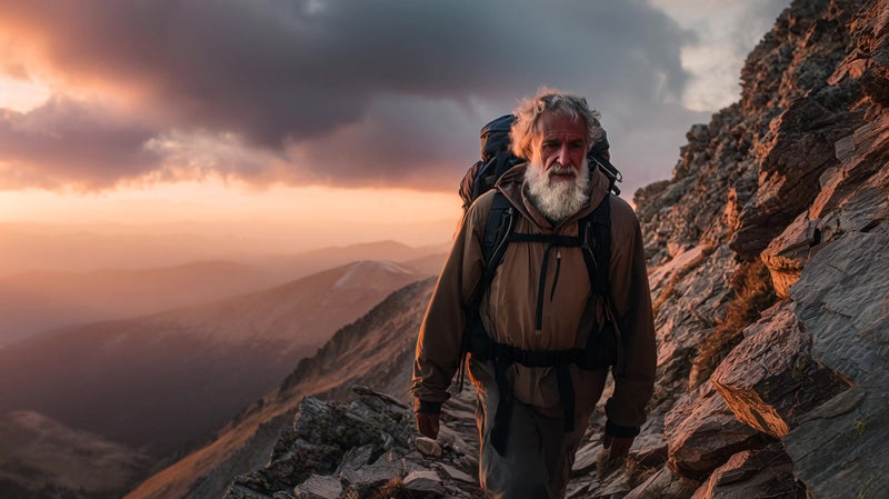 an elderly man hikes through a mountainous landscape during sunset with a sky and rocky terrain - Stock Video