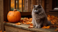 A Gray Cat Sitting On A Wooden Porch During Autumn With Fallen Leaves And A Pumpkin In The Background — Stock Photo