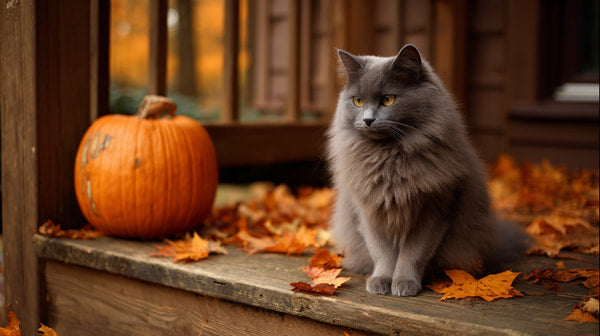 A Gray Cat Sitting On A Wooden Porch During Autumn With Fallen Leaves And A Pumpkin In The Background — Stock Photo