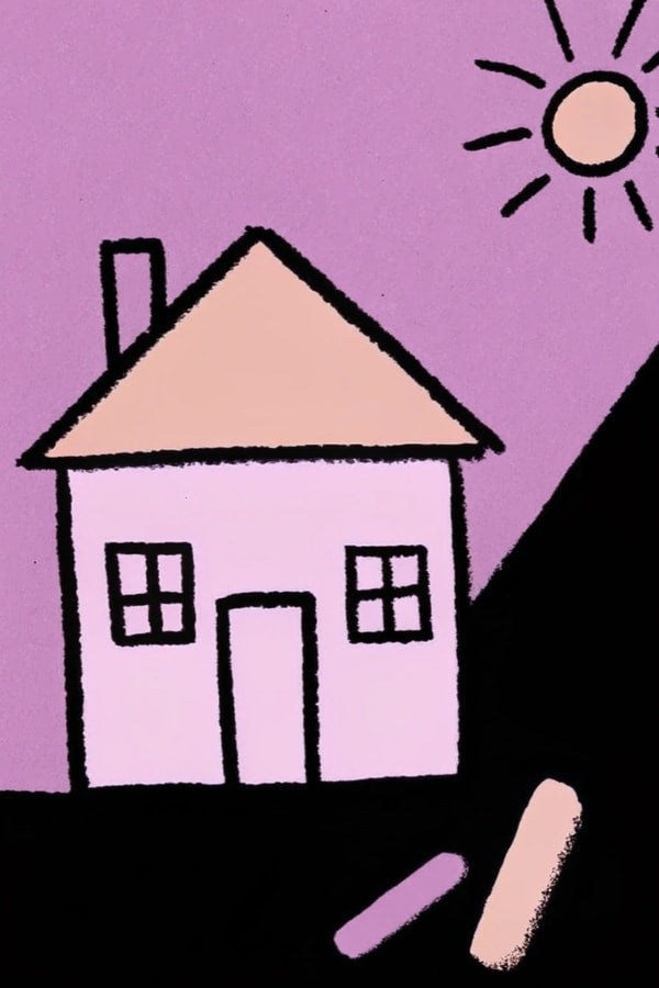 A Pink House With A Sunset In The Background Depicted In An Illustration Style — Stock Illustration