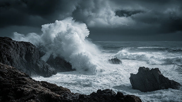 Dark And Stormy Ocean Scene With Large Waves Crashing Against A Rocky Shoreline Under A Cloudy Sky — Stock Photo