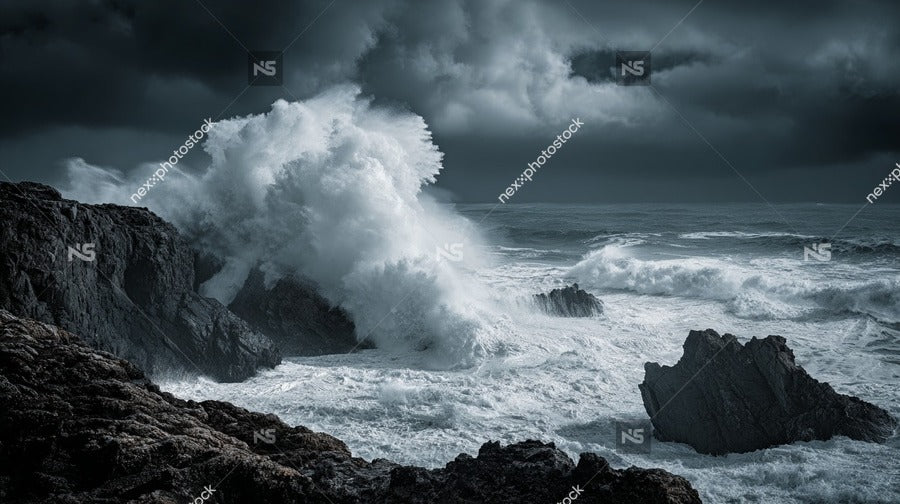 Dark And Stormy Ocean Scene With Large Waves Crashing Against A Rocky Shoreline Under A Cloudy Sky — Stock Photo