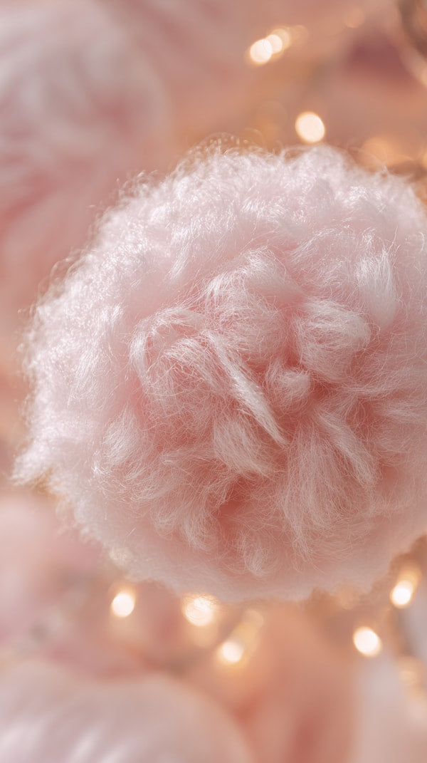 A Single Pink Cotton Ball Decoration With A Blurred Background Of Lights And A String Of Lights In The Foreground — Stock Photo