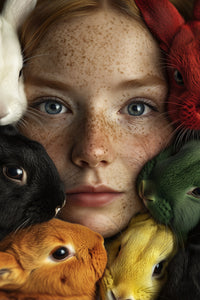 A Surreal Portrait Of A Girl With Animals Surrounding Her Face Creating An Illusion That She Has Multiple Heads — Stock Photo
