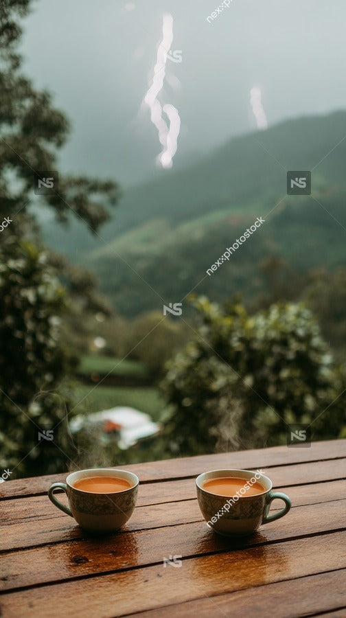 Shows A Serene Outdoor Setting With Two Cups Of Coffee Placed On A Wooden Table — Stock Photo
