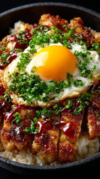 A Plate Of Fried Rice Topped With A Sunny Side Up Egg And Green Herbs Served In A Black Bowl — Stock Photo