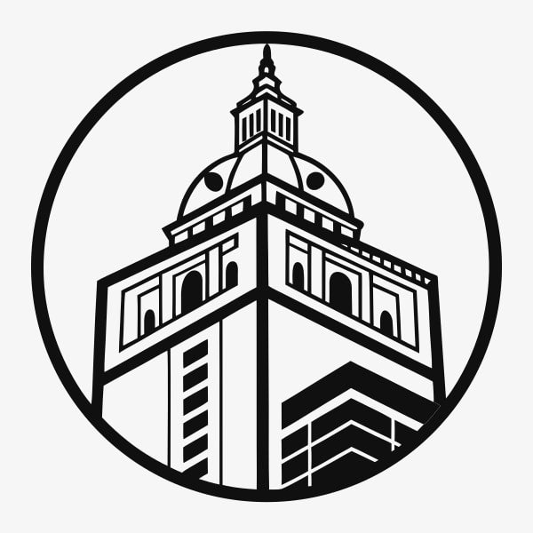 Black And White Illustration Of A City Skyline With A Prominent Clock Tower In The Center — Stock Vector