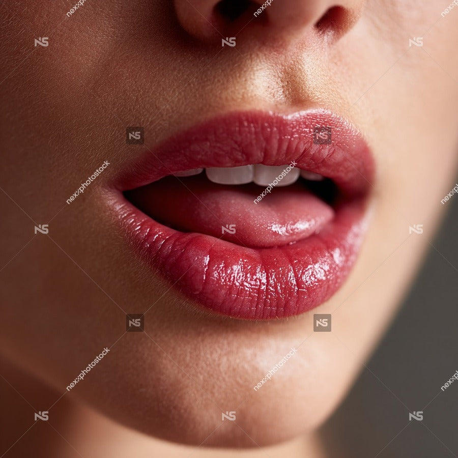 A Close Up Of A Person S Lips With Glossy Red Lipstick Set Against A Neutral Background — Stock Photo