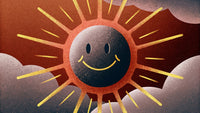 Depicts A Sunny Day With A Smiling Face Drawn On A Cloud Set Against A Backdrop Of A Blue Sky — Stock Illustration