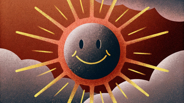 Depicts A Sunny Day With A Smiling Face Drawn On A Cloud Set Against A Backdrop Of A Blue Sky — Stock Illustration
