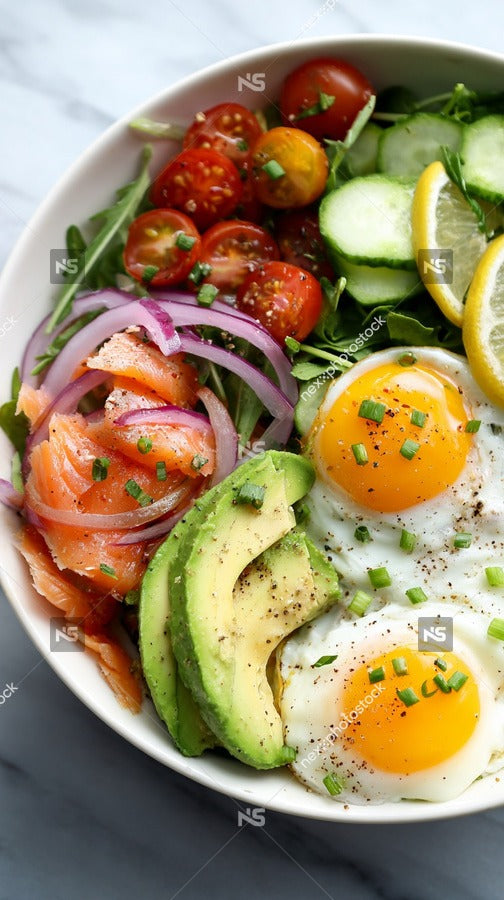 A Bowl Of Salad Containing Eggs Tomatoes Cucumbers Avocado And A Sprinkle Of Herbs — Stock Photo
