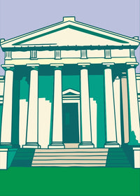 Architectural Illustration Of A Classical Building With Columns And A Pediment Set Against A Blue Sky Background — Stock Vector