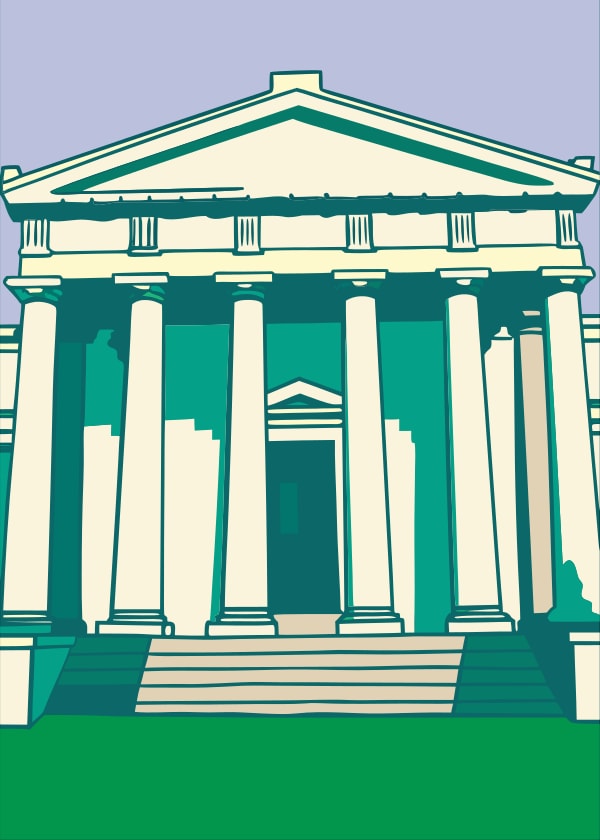Architectural Illustration Of A Classical Building With Columns And A Pediment Set Against A Blue Sky Background — Stock Vector