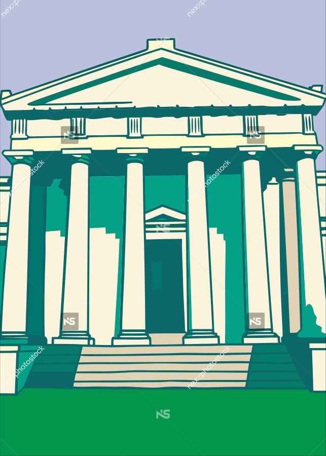 Architectural Illustration Of A Classical Building With Columns And A Pediment Set Against A Blue Sky Background — Stock Vector