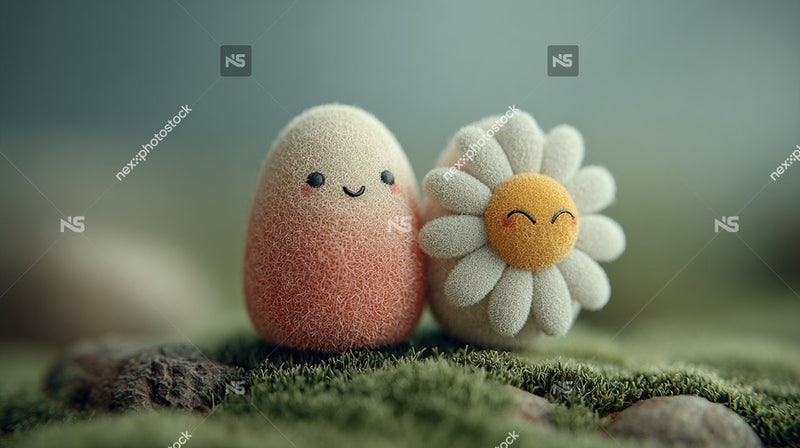 Two Whimsical Eggs With Smiling Faces One Larger And One Smaller Are Placed On A Mossy Surface — Stock Photo