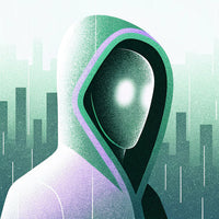 A Digital Artwork Depicts A Hooded Figure Standing Amidst A Cityscape With Raindrops Falling Around Them — Stock Illustration