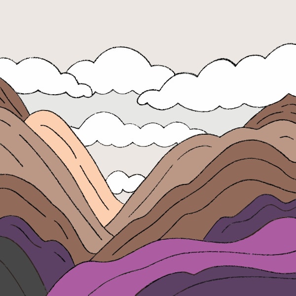 A Colorful Mountain Range With A Purple Sky In The Background Depicted In A Stylized Illustration — Stock Vector