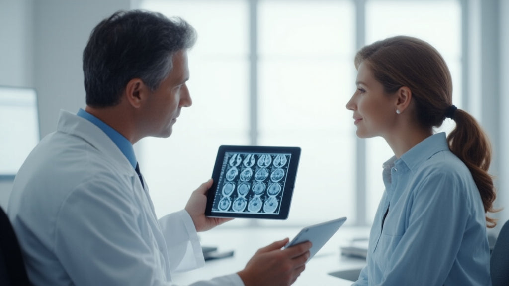 Doctor Consultation — Physician Showing Brain Scan to Patient in Modern Clinic Office