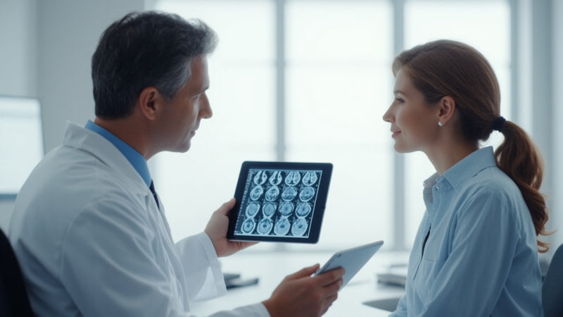 Doctor Consultation — Physician Showing Brain Scan to Patient in Modern Clinic Office