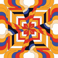Colorful Abstract Pattern With A Symmetrical Design A Central Star Like Shape Surrounded By Geometric Shapes In Red Blue Yellow And Orange Hues — Stock Vector
