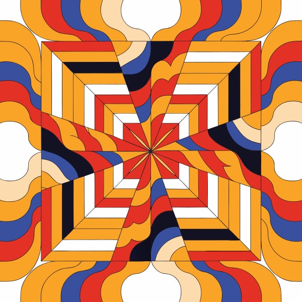 Colorful Abstract Pattern With A Symmetrical Design A Central Star Like Shape Surrounded By Geometric Shapes In Red Blue Yellow And Orange Hues — Stock Vector