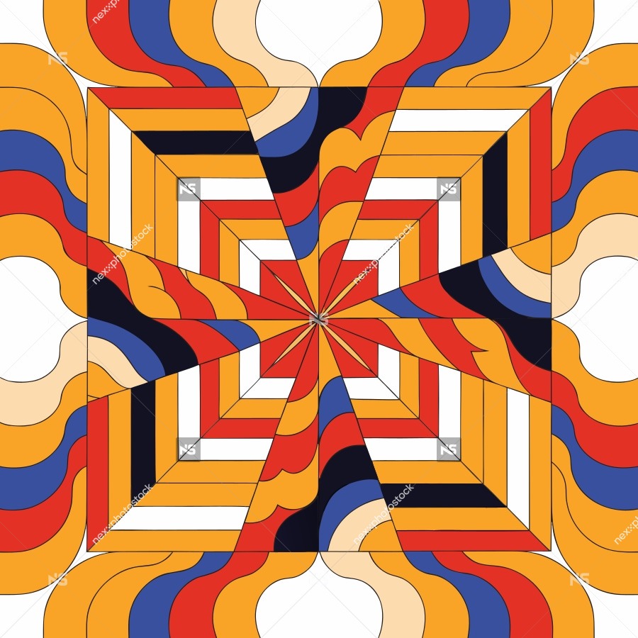 Colorful Abstract Pattern With A Symmetrical Design A Central Star Like Shape Surrounded By Geometric Shapes In Red Blue Yellow And Orange Hues — Stock Vector