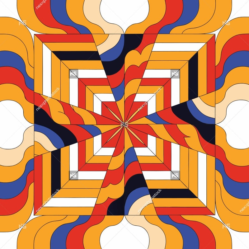 Colorful Abstract Pattern With A Symmetrical Design A Central Star Like Shape Surrounded By Geometric Shapes In Red Blue Yellow And Orange Hues — Stock Vector