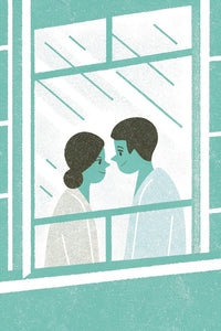 A Tender Moment Captured Between A Man And Woman Sharing A Quiet Conversation From Behind A Window — Stock Illustration