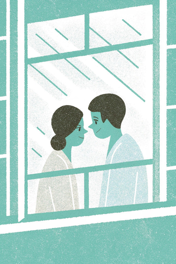 A Tender Moment Captured Between A Man And Woman Sharing A Quiet Conversation From Behind A Window — Stock Illustration