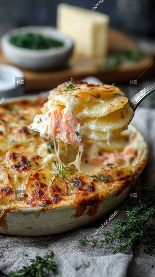A Creamy Salmon Bake Served In A Casserole Dish Topped With Melted Cheese And Garnished With Herbs — Stock Photo