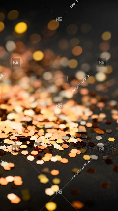 Sparkling Confetti Background With Bokeh Effect Multicolored Confetti Particles Scattered Across A Dark Surface Creating A Festive And Celebratory Atmosphere — Stock Photo