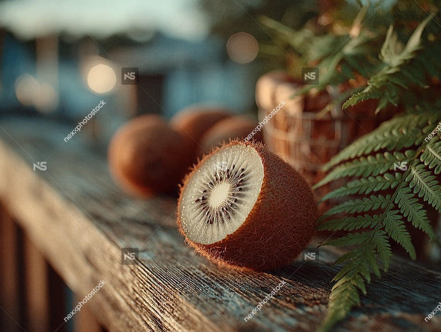 A Close Up Image Of Three Kiwi Fruits On A Wooden Table With A Focus On Their Textured Skin And Vibrant Green Flesh — Stock Photo
