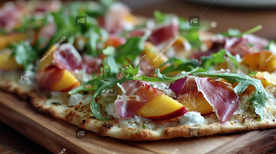 A Gourmet Pizza Topped With Fresh Ingredients Including Sliced Peaches And Cilantro Leaves On A Wooden Cutting Board — Stock Photo