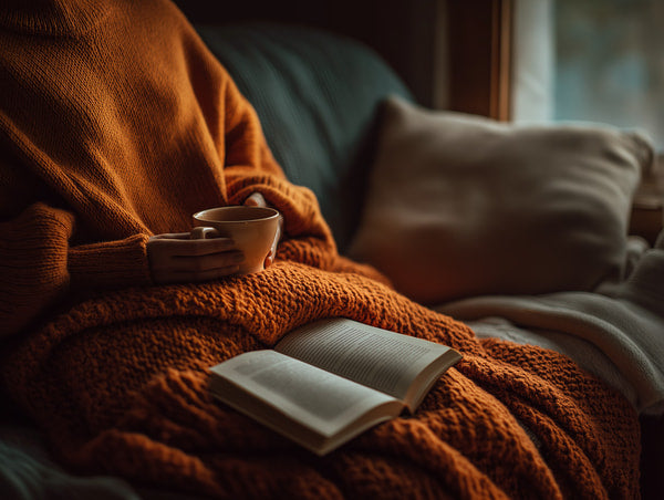 Depicts A Cozy Indoor Scene A Person Sitting On A Couch With A Blanket And A Book — Stock Photo