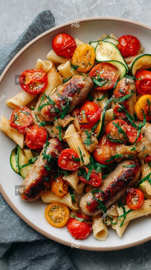A Plate Of Chicken And Tomato Pasta With A Sprig Of Parsley On Top Served On A Wooden Table — Stock Photo