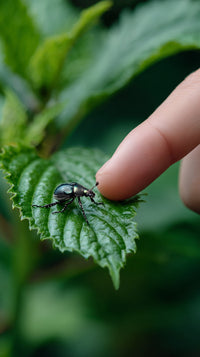 A Close Up Image Captures A Human Hand Gently Touching A Small Insect Perched On A Green Leaf — Stock Photo