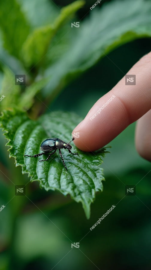 A Close Up Image Captures A Human Hand Gently Touching A Small Insect Perched On A Green Leaf — Stock Photo