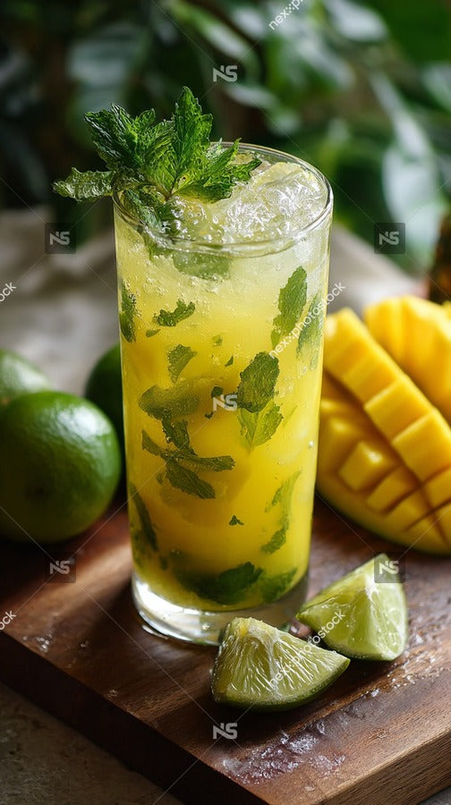 Mojito Cocktail On A Wooden Table With Sliced Limes And Mint Leaves In The Background — Stock Photo