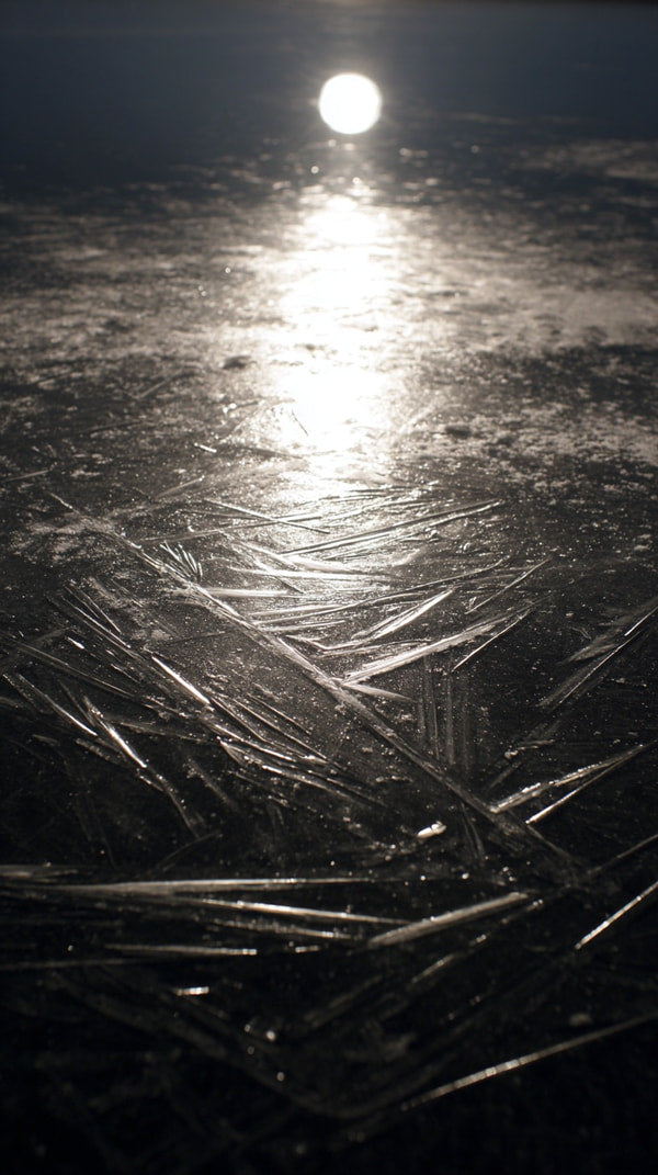 Frozen Lake With Icy Surface And Moonlight Reflection Showcasing A Frozen Lake At Dusk With An Icy Surface Reflecting The Moonlight — Stock Photo