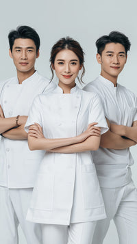 Three Chefs Wearing White Uniforms Pose For A Photo Standing Side By Side With One Woman And Two Men — Stock Photo