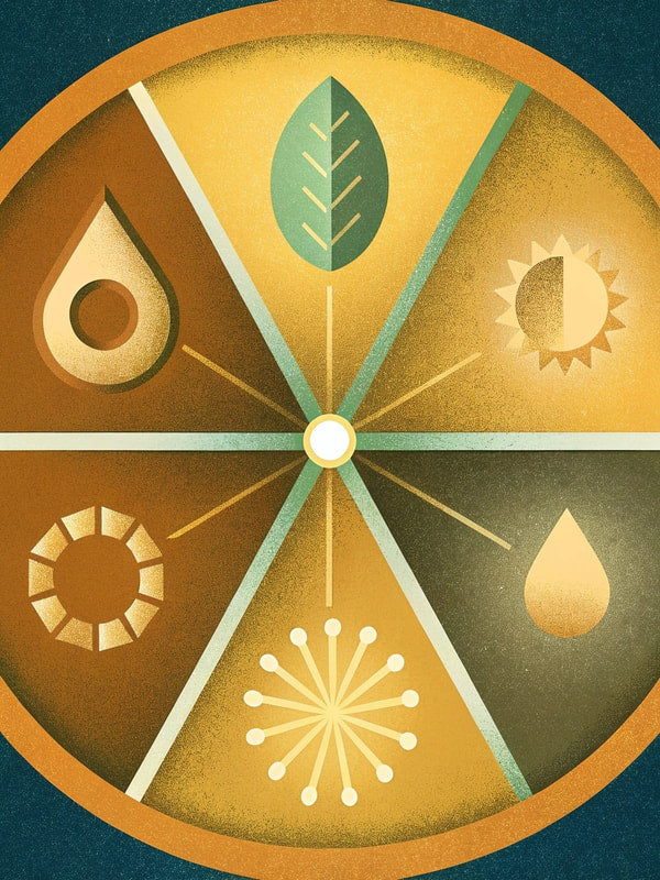 A Colorful Stylized Illustration Of A Seasonal Harvest Wheel With Various Symbols Representing Different Seasons And Elements Of Nature — Stock Illustration