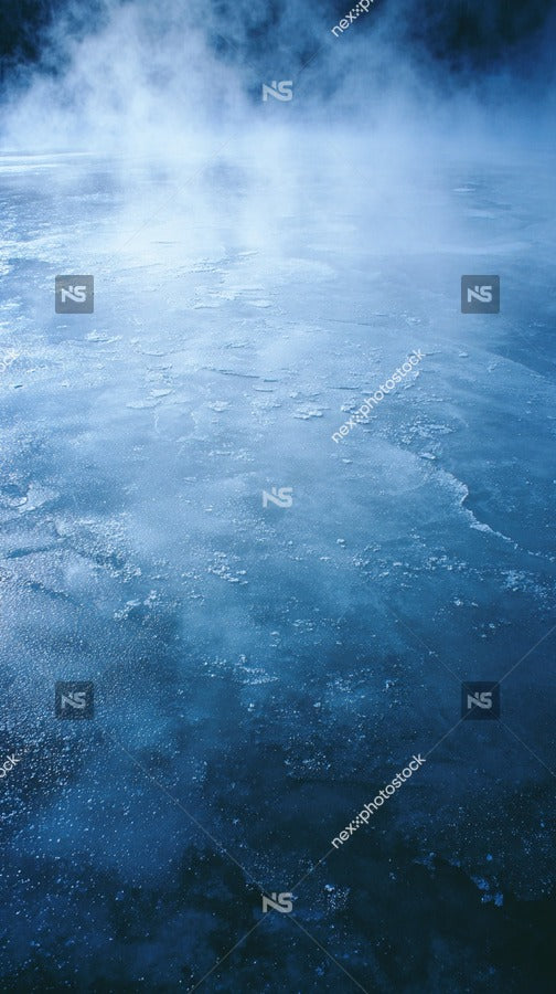 A Frozen Lake At Night With A Dark Blue Background And Foggy Mist Rising From The Surface — Stock Photo
