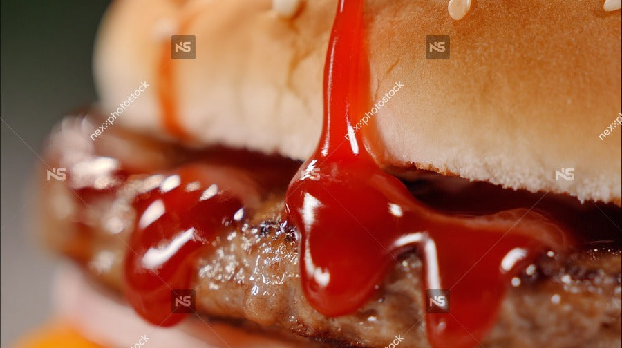 Ketchup Drenched Hamburger With A Close Up View Of Ketchup Dripping From It Showcasing The Condiment S Vibrant Red Color And Its Glossy Texture — Stock Photo