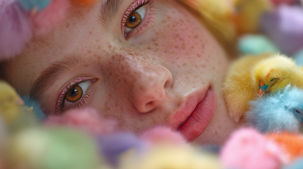 Woman With Colorful Makeup Wearing A Flower Crown Surrounded By Vibrant Flowers Set Against A Pastel Colored Backdrop — Stock Photo