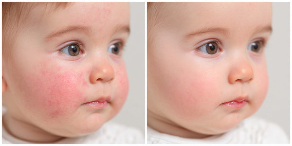 Three Images Of A Baby With Red Rashes On Their Face Captured From Different Angles And Perspectives — Stock Photo