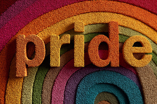 Displays A Vibrant Rainbow Mosaic With The Word Pride Prominently Displayed In The Center Surrounded By Various Shades Of The Rainbow — Stock Photo
