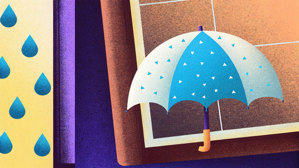 A Blue Umbrella With Raindrops Falling From It Set Against A Backdrop Of A Dark Room With A Whiteboard And A Desk — Stock Illustration