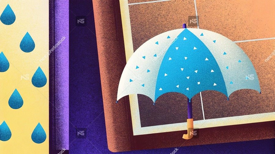A Blue Umbrella With Raindrops Falling From It Set Against A Backdrop Of A Dark Room With A Whiteboard And A Desk — Stock Illustration