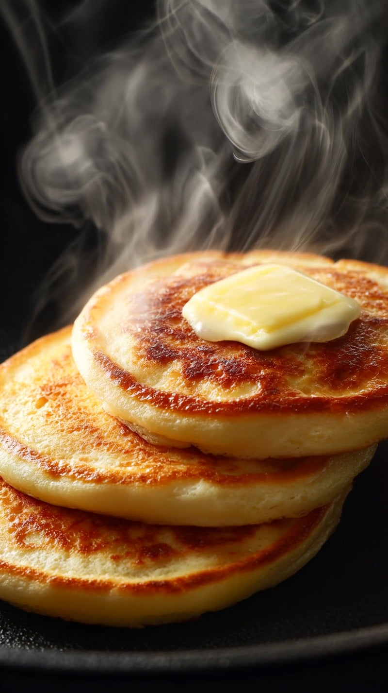 a stack of golden pancakes with a pat of butter on top served on a black plate - Stock Video