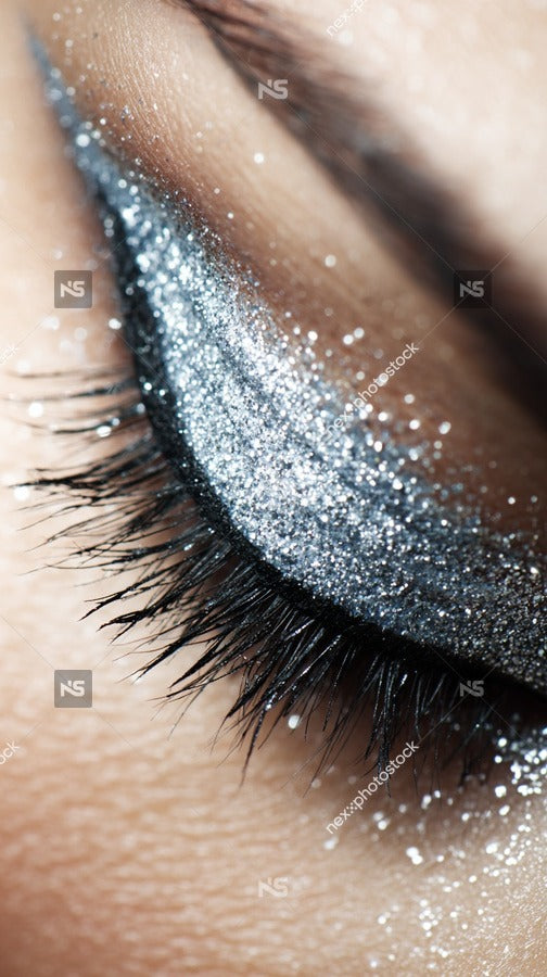 Close Up Of A Person S Eye With Glittery Makeup Focusing On The Sparkling Glitter Around The Eyelashes And Under The Eyeshadow — Stock Photo